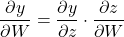 \[\frac{\partial y}{\partial W} = \frac{\partial y}{\partial z} \cdot \frac{\partial z}{\partial W}\]